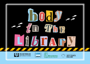 Body in the Library is written out of cut out letters like a collage on a black background.