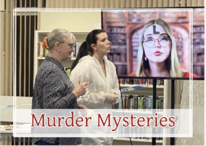 Performance of an interactive murder mystery. A woman playing a detective is discussing a video clue with an audience member.